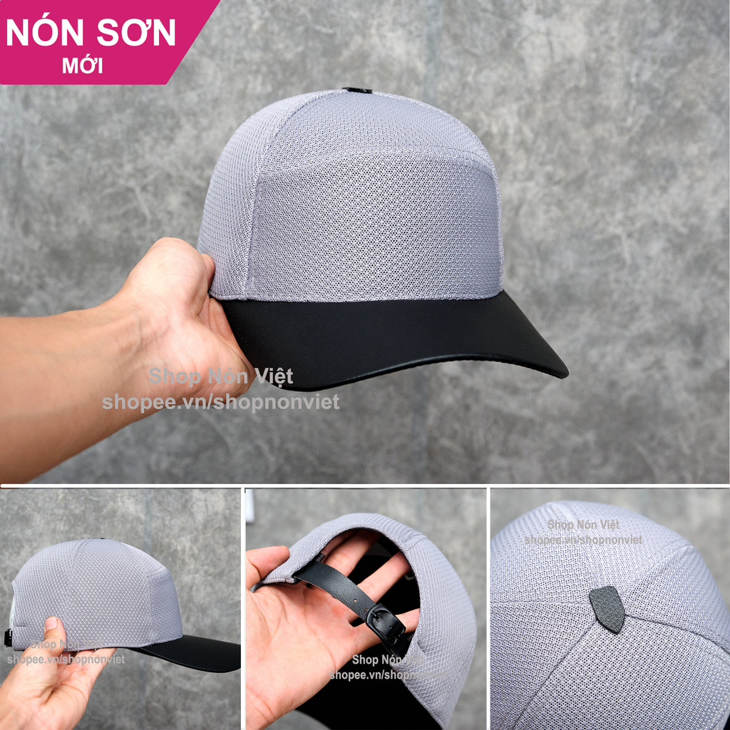 Nón Sơn Đen Xám Chóp Khiên Vải Lưới Thoáng Mát Kết Da Cao Cấp Thời Trang Nam Nữ - Nón Kết Sơn