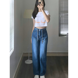Quần jean ống rộng, quần jean nữ phối dây rút dài 103cm