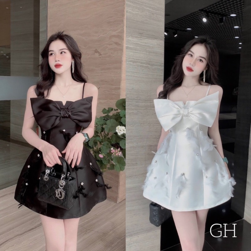 Váy Dự Tiệc Hai Dây Nơ Ngực Đính Đá Phối Lông Mã GH179