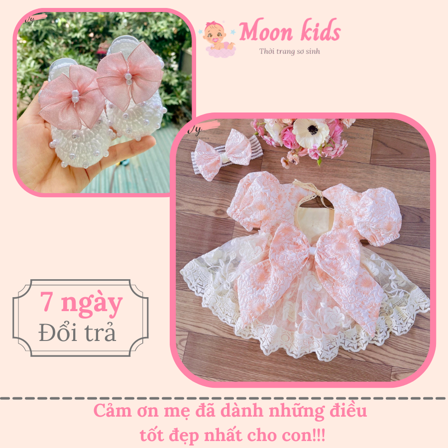 Set Váy Bé Gái Kèm Giầy Công Chúa. Đầm Dự Tiệc Cho Bé Thiết Kế Cao Cấp, Đầm Đầy Tháng, Body Váy Sơ Sinh