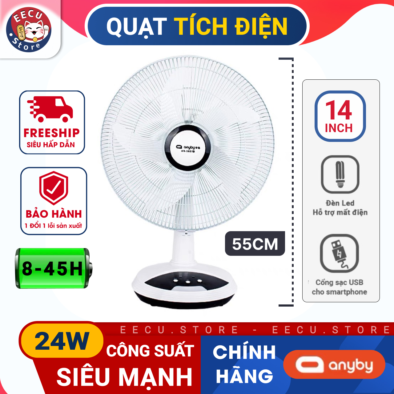 (Sẵn) Quạt Tích Điện To Kèm Sạc Dự Phòng ĐT Cổng USB Siêu Bền 45h ANYBY Chính Hãng Hàng Nội Địa Cao Cấp - Eecu Store