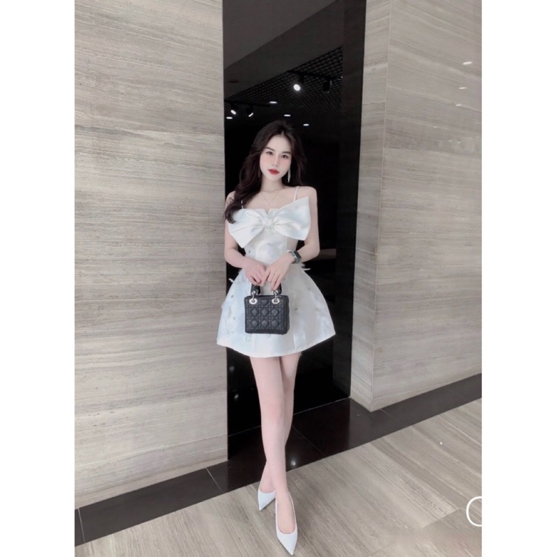 Váy Dự Tiệc Hai Dây Nơ Ngực Đính Đá Phối Lông Mã GH179