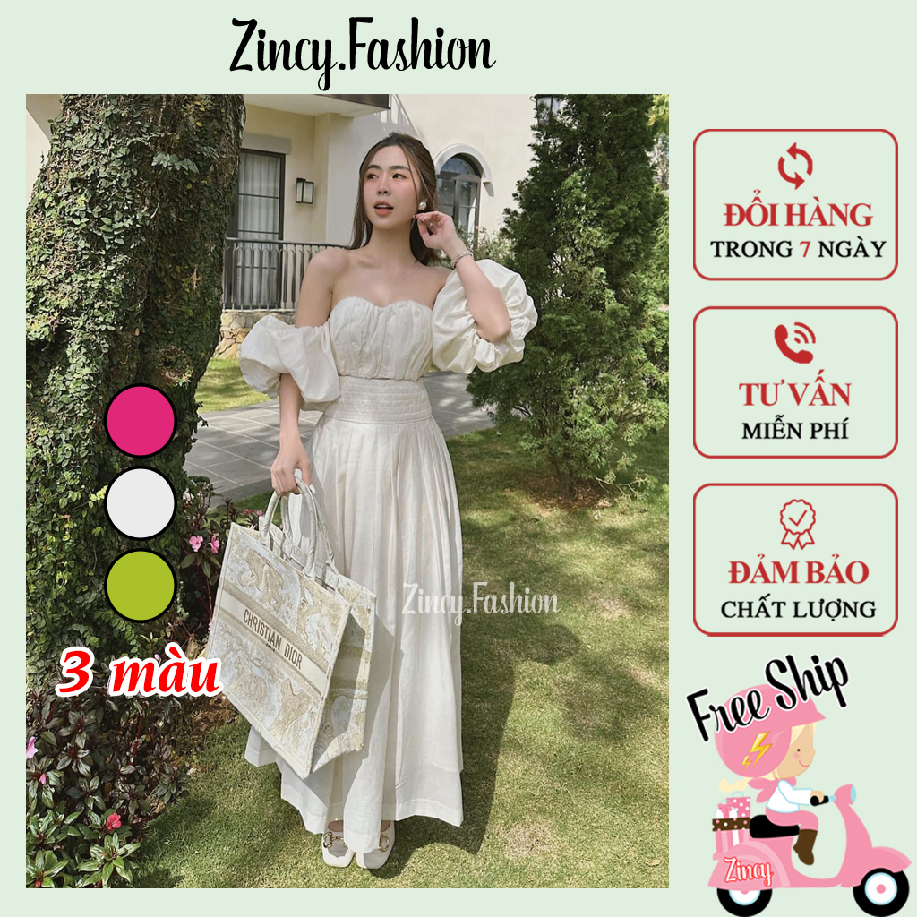 Set maxi trễ vai áo cúp ngực tay phồng kèm chân váy xếp ly, set đồ nữ đi biển Zincy SMXTV002