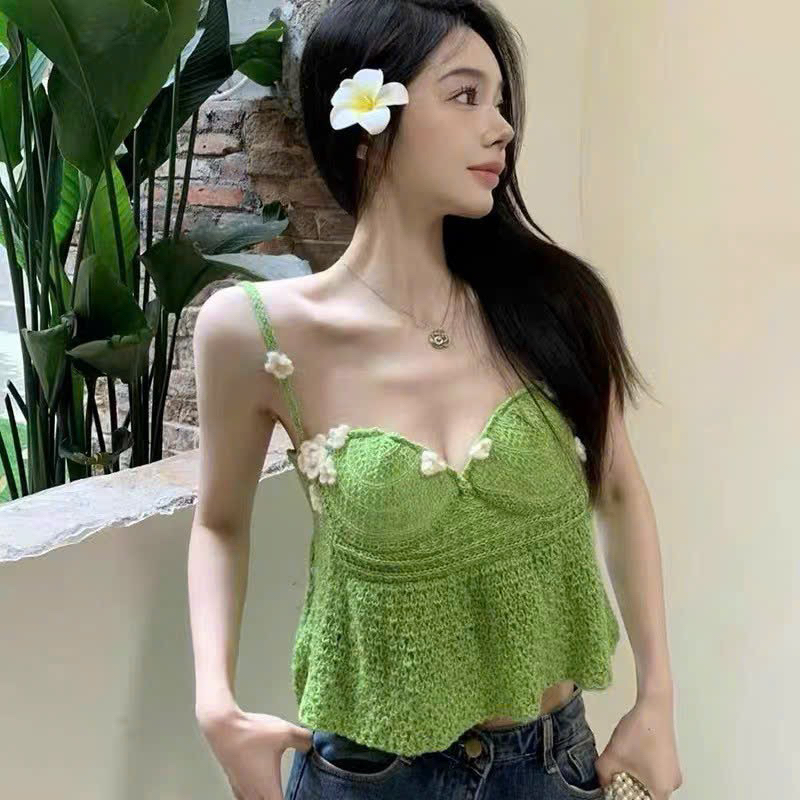 Áo hai dây móc len thuê hoa màu xanh lá có đệm ngực mỏng siêu xinh ảnh thật - hàng có sẵn