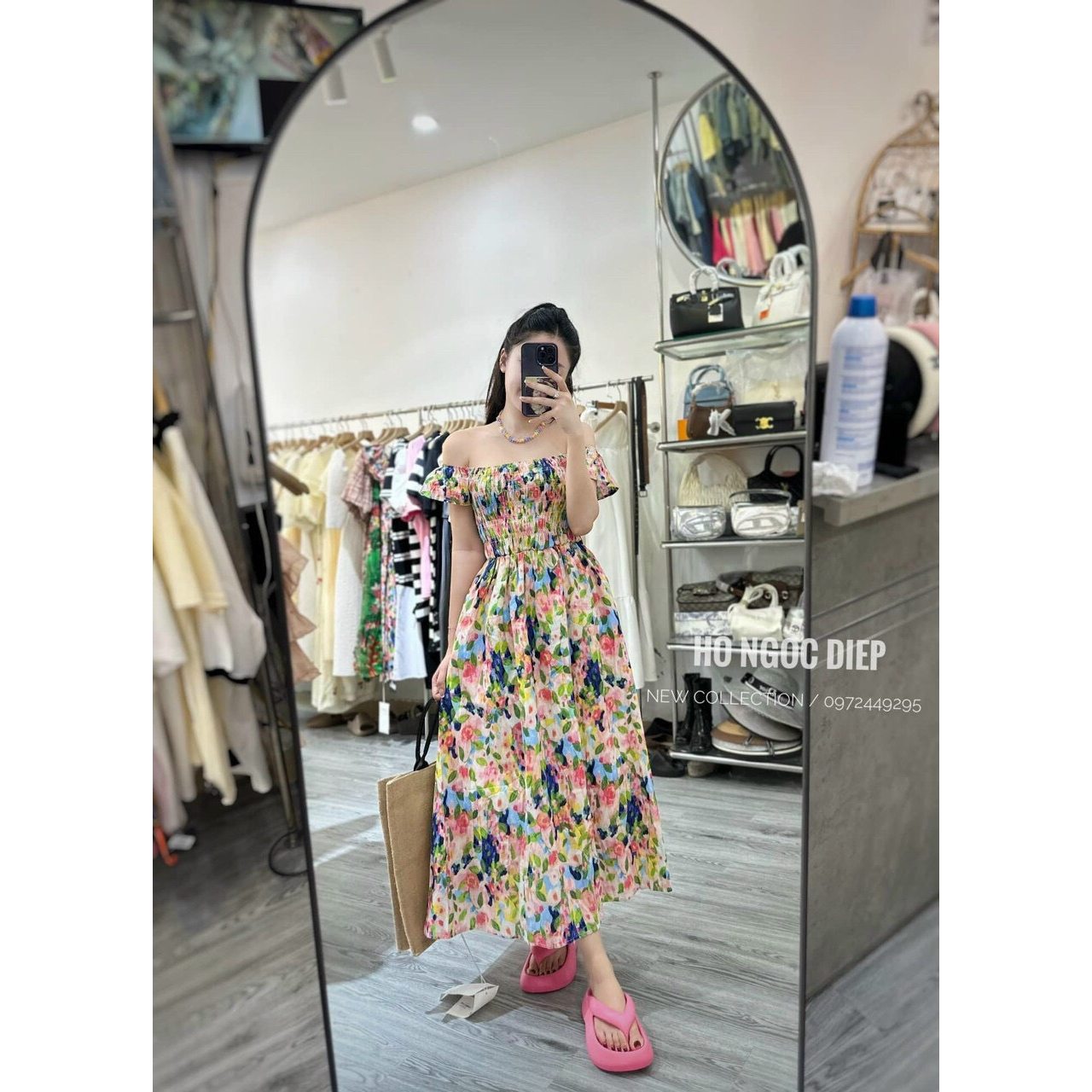 Váy nữ, váy hoa dáng xòe dài maxi, ngực nhúm chun ôm gọn trễ vai gợi cảm form vừa phong cách trẻ trung Hàn Quốc
