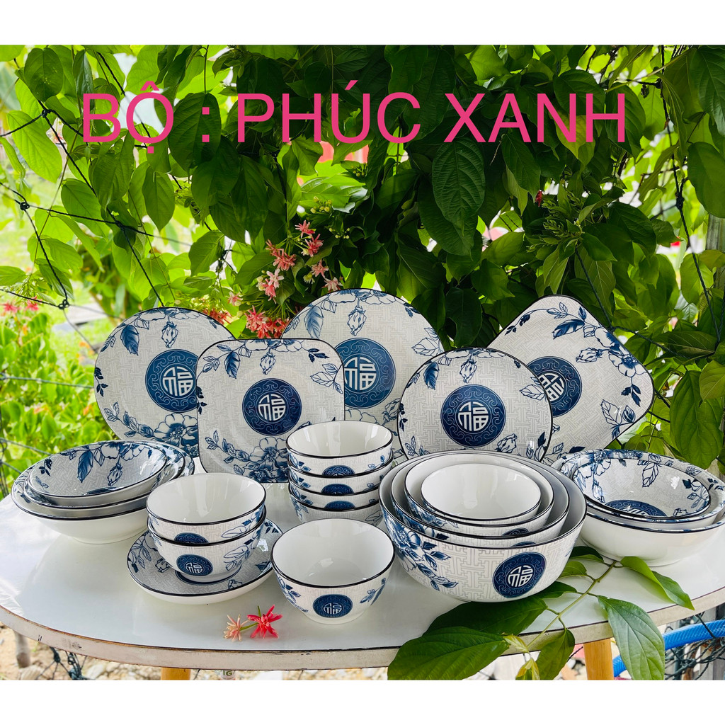 Set Tô, Chén, Đĩa Họa Tiết Phúc Xanh - Đồ Sứ Decor, Dĩa Đựng Đồ Ăn, Tráng Men Cao Cấp, Dụng Cụ Bàn Ăn Cao Cấp