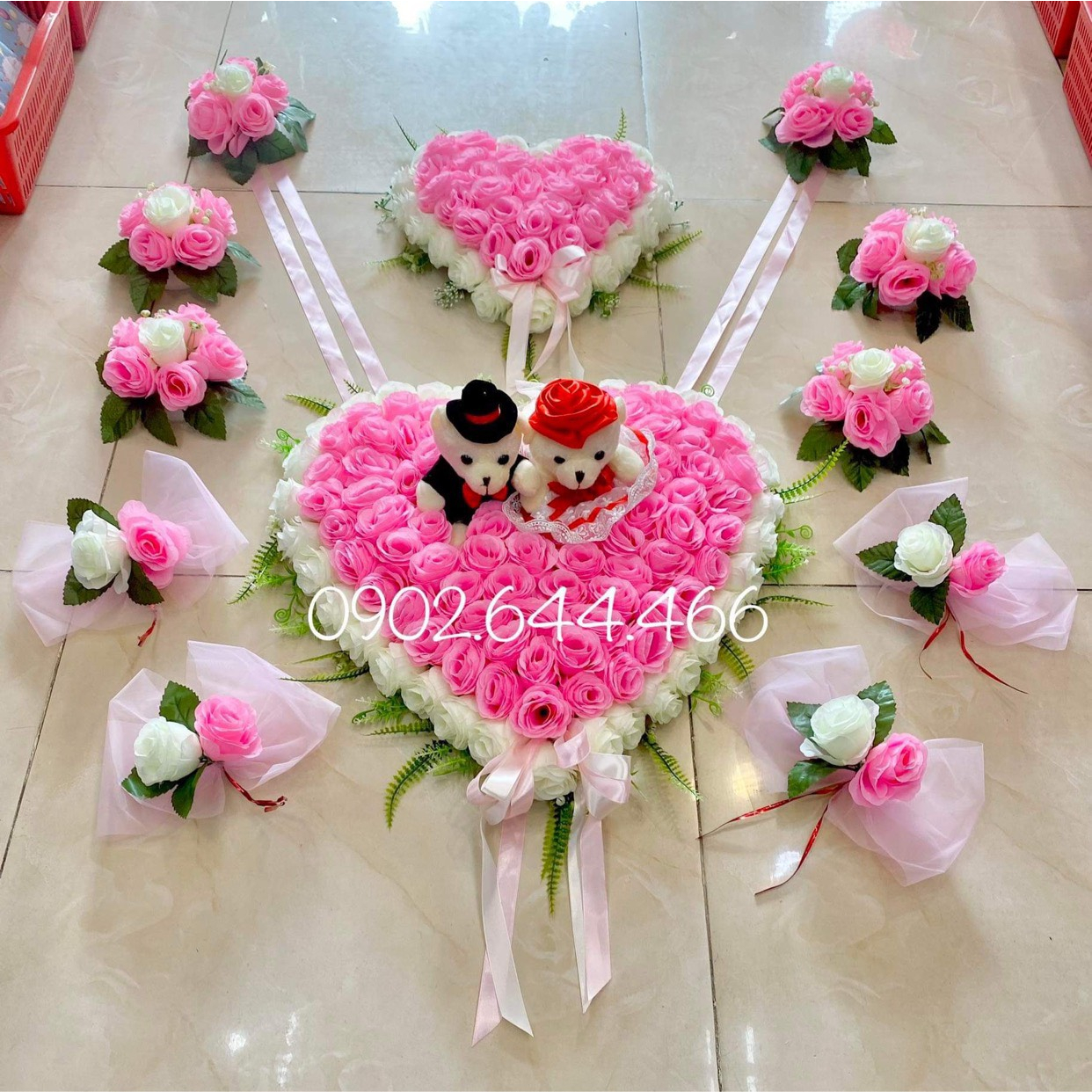 HOA XE CƯỚI CÓ NAM CHÂM - BÔNG GẮN XE ĐÁM CƯỚI CAO CẤP 12 CHI TIẾT - XE HOA