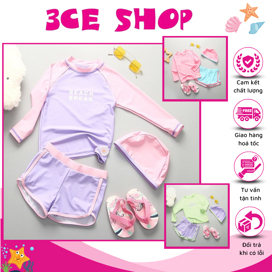 Bộ bơi rời áo dài tay - quần sooc phong cách Hàn Quốc cho bé gái (tặng kèm mũ bơi)