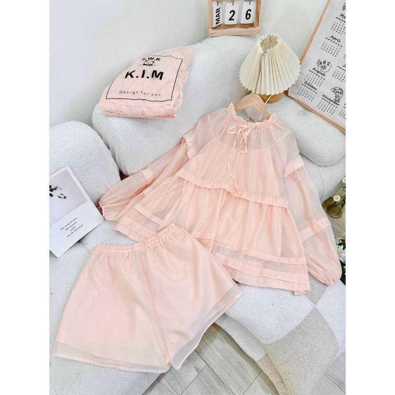 Set áo doll voan nude kèm áo 2 dây trong + short