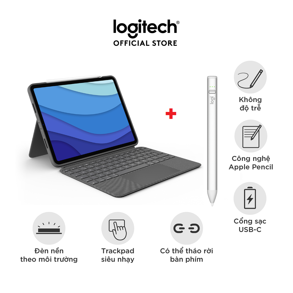 Bao da kèm bàn phím Logitech Combo Touch dành cho iPad Pro 11 inch | 12.9 inch & Bút cảm ứng Logitech Crayon