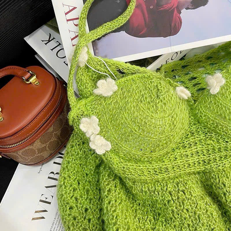 Áo hai dây móc len thuê hoa màu xanh lá có đệm ngực mỏng siêu xinh ảnh thật - hàng có sẵn