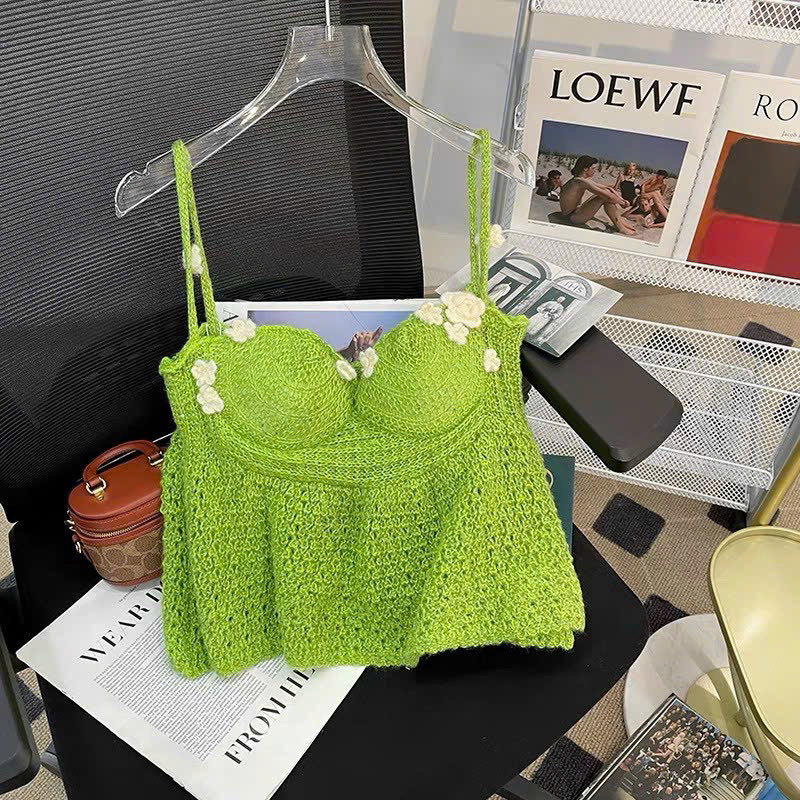 Áo hai dây móc len thuê hoa màu xanh lá có đệm ngực mỏng siêu xinh ảnh thật - hàng có sẵn