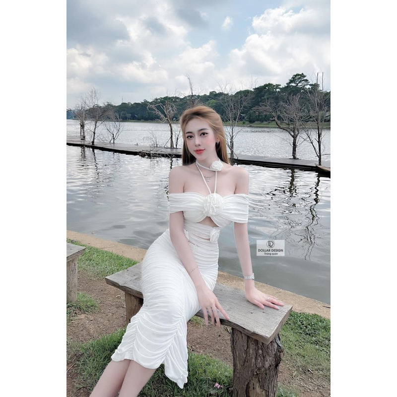 Đầm body lưới trễ vai hở eo đính hoa sang trọng đi tiệc