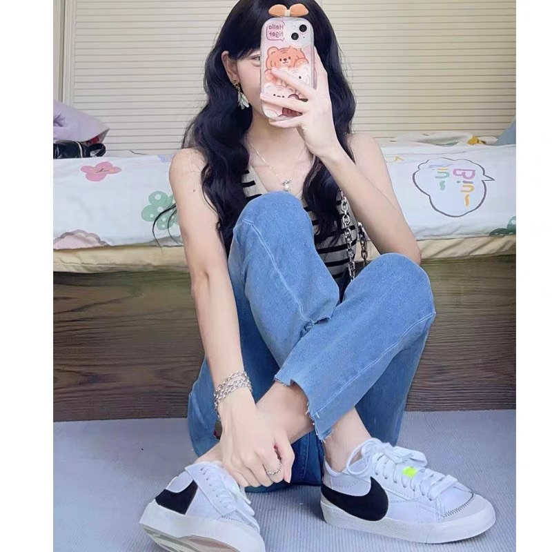 ( video ảnh thật)Quần jean ống loe , quần jean lửng nữ lưng cao vải bò Quảng Châu cao cấp hàng loại 1 chất co dãn | BigBuy360 - bigbuy360.vn