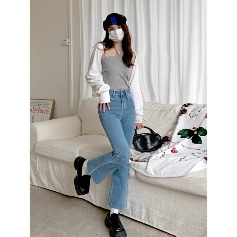 Quần jean nữ loe lửng lưng cao co giãn, Quần ống loe lưng cao hai màu xanh và đen trơn Hàn Quốc | BigBuy360 - bigbuy360.vn