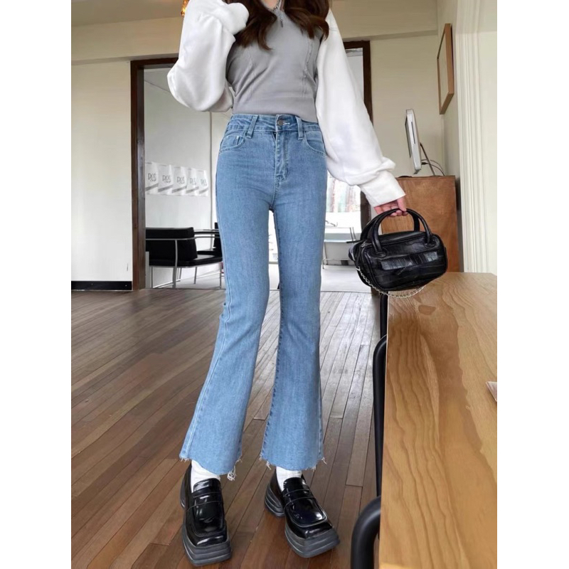 Quần jean nữ loe lửng lưng cao co giãn, Quần ống loe lưng cao hai màu xanh và đen trơn Hàn Quốc | BigBuy360 - bigbuy360.vn