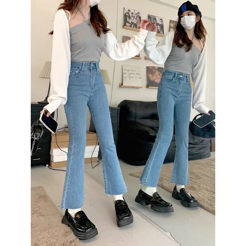 Quần jean nữ loe lửng lưng cao co giãn, Quần ống loe lưng cao hai màu xanh và đen trơn Hàn Quốc | BigBuy360 - bigbuy360.vn