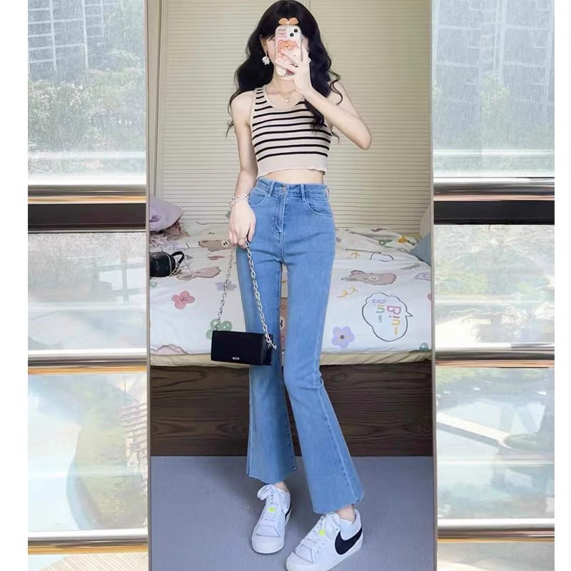 ( video ảnh thật)Quần jean ống loe , quần jean lửng nữ lưng cao vải bò Quảng Châu cao cấp hàng loại 1 chất co dãn | BigBuy360 - bigbuy360.vn