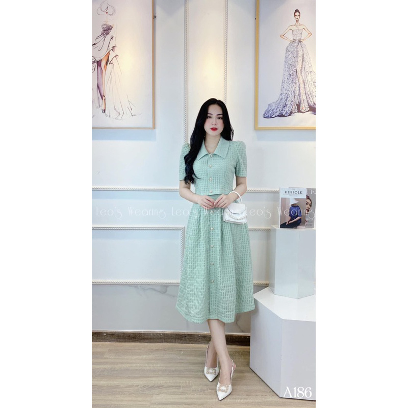 Set bộ đầm xanh chân váy và áo croptop leoA186