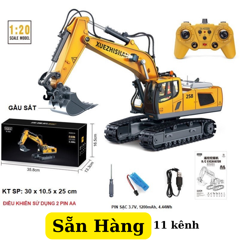 Mô hình máy xúc điều khiển từ xa 11 kênh - Gầu sắt, Xe điều khiển từ xa