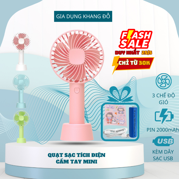 Quạt mini quạt cầm tay tích mini quạtsạc tích điện USB 3 chế độ gió có đế để bàn tiện lợi