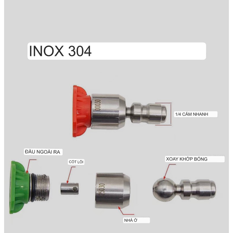 Béc phun cao áp nối nhanh 1/4 inch INOX tích hợp cốc cầu xoay 360 độ,tia quạt nhiều góc