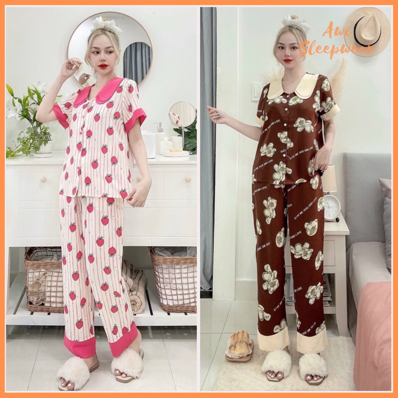 Bộ Pyjama Tay Ngắn Quần Dài Cổ 2 Lá Lụa Mango 2CE Cao Cấp - Awi Pyjama