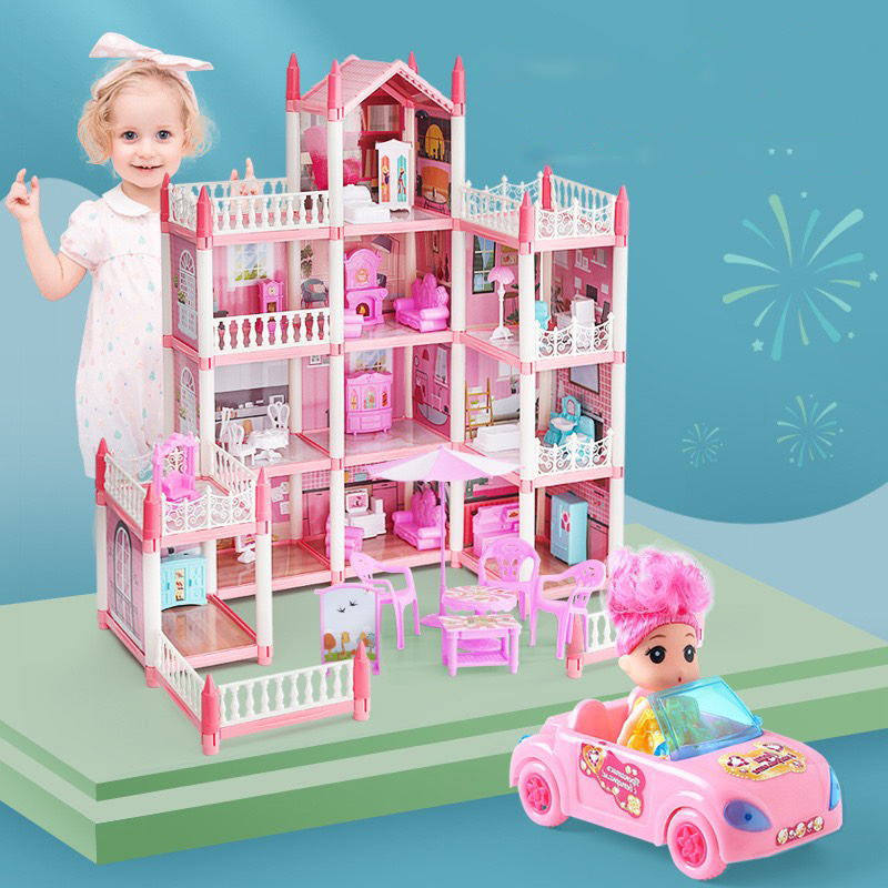 Mô hình đồ chơi lắp ghép nhà búp bê cho bé gái màu hồng
