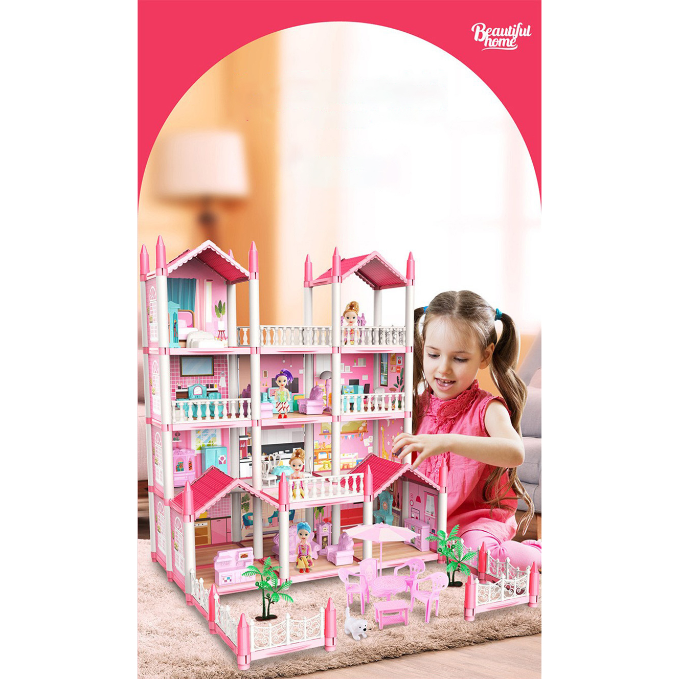 Mô hình đồ chơi lắp ghép nhà búp bê cho bé gái màu hồng