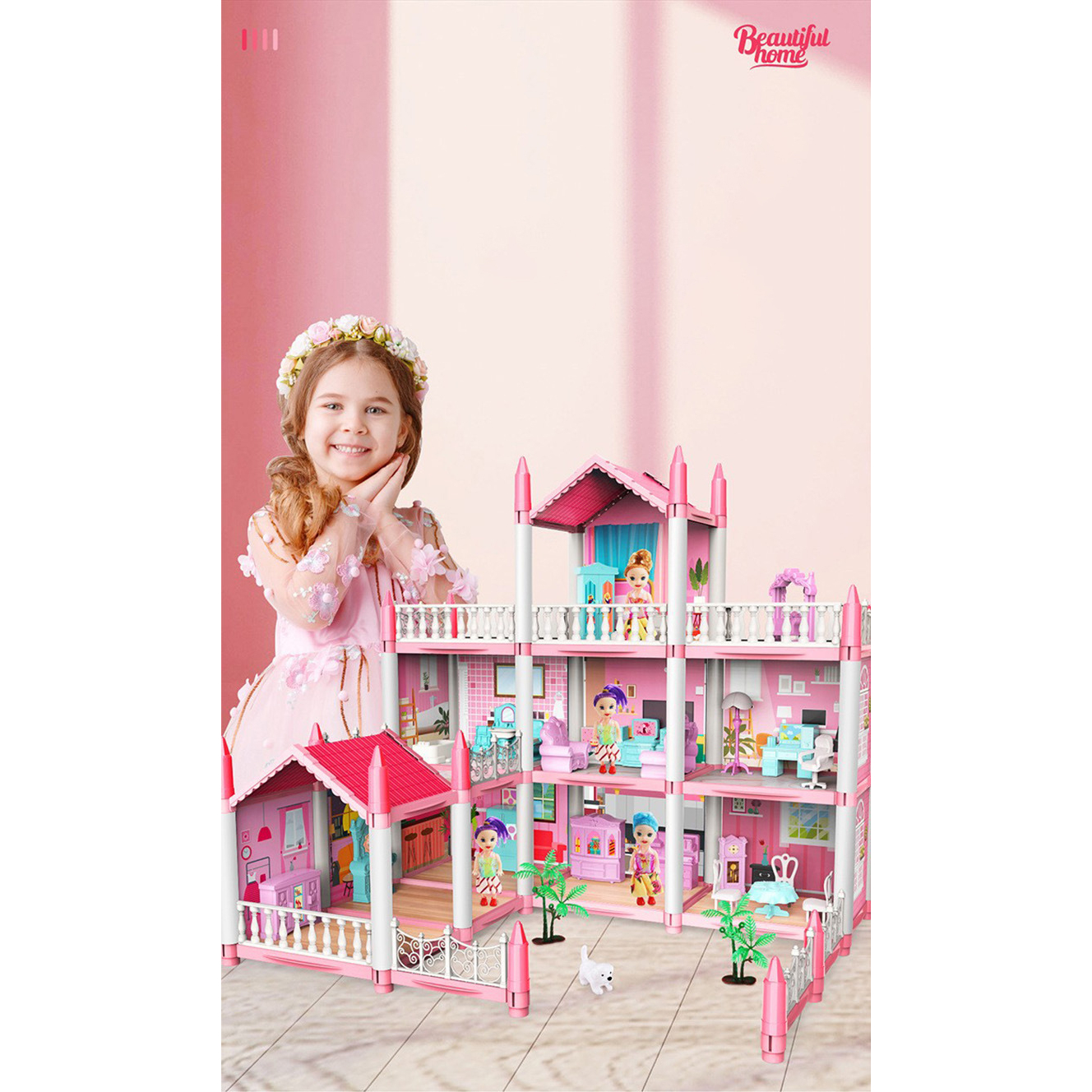 Mô hình đồ chơi lắp ghép nhà búp bê cho bé gái màu hồng