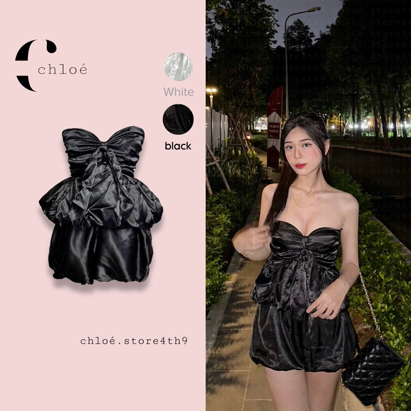 Set áo ống đuôi phồng thắt nơ kèm quần bí vải phi bóng sang trọng tôn dáng [ ẢNH ĐỘC QUYỀN TẠI CHLOÉ.STORE ]