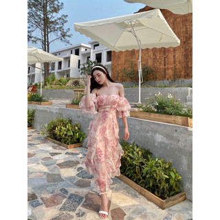Váy voan bèo in hoạ tiết trễ vai 🌸HÀNG THIẾT KẾ CAO CẤP🌸 váy đi chơi, đi du lịch nhẹ nhàng, tiểu thư