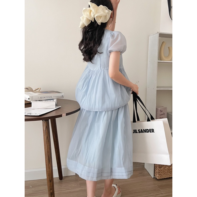 Set áo peplum cổ tròn tay bồng mix chân váy xoè sang chảnh