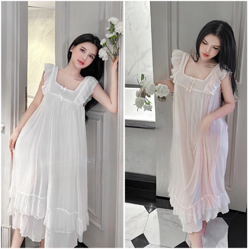 SP.508 Váy ngủ tiểu thư cộc tay dáng dài xoè bèo điệu đà, hàng Quảng Châu cao cấp