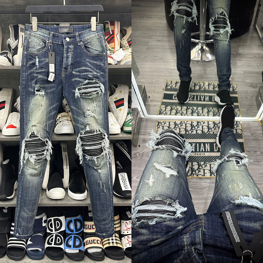 Quần jean bò nam Amiri skinny likeauth xanh thẫm bụi rách xù đùi gối vá da nhăn đen 4 cúc chữ boy phố QJ233P