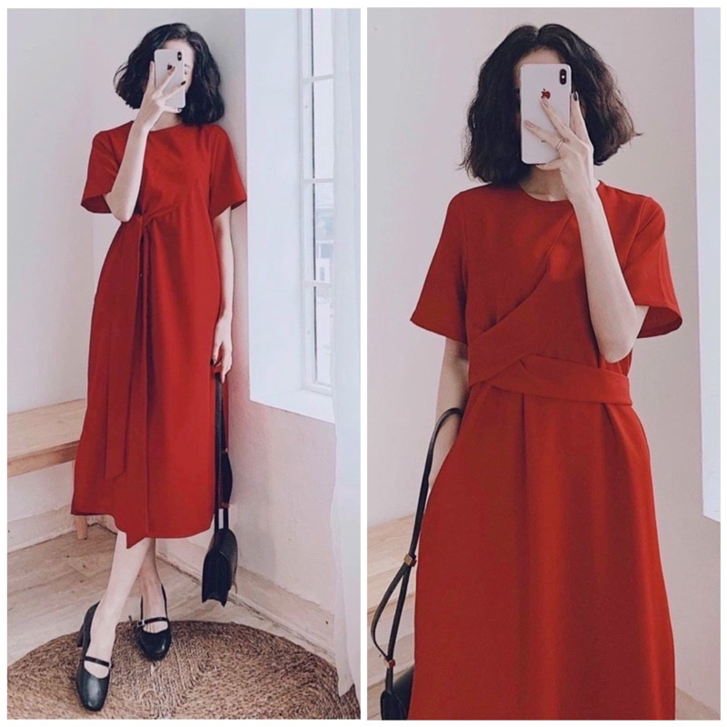 Đầm đỏ chéo eo (kèm hình thật)