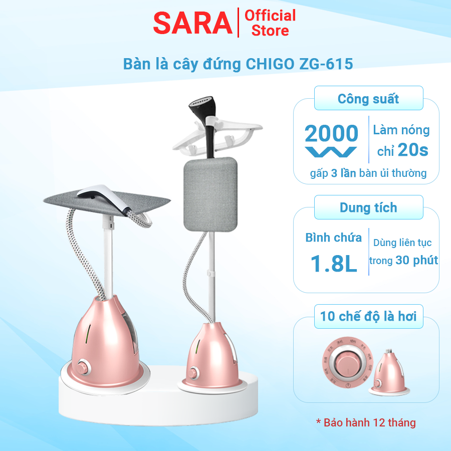 Bàn là hơi nước cây đứng Chigo ZG-615 bàn ủi hơi nước công suất lớn 2000w có 10 chế độ là hơi không kén vải