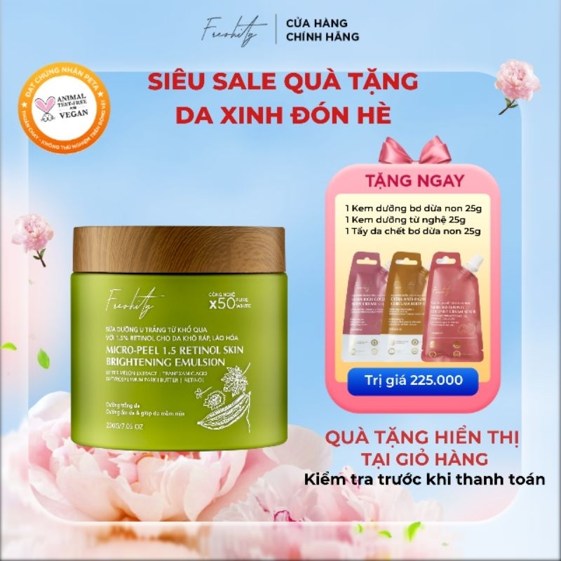 Sữa dưỡng ủ trắng khổ qua Freshity 200gr chứa 1.5% retinol micro-peel và tranexamic acid dành cho da cơ thể đa vấn đề