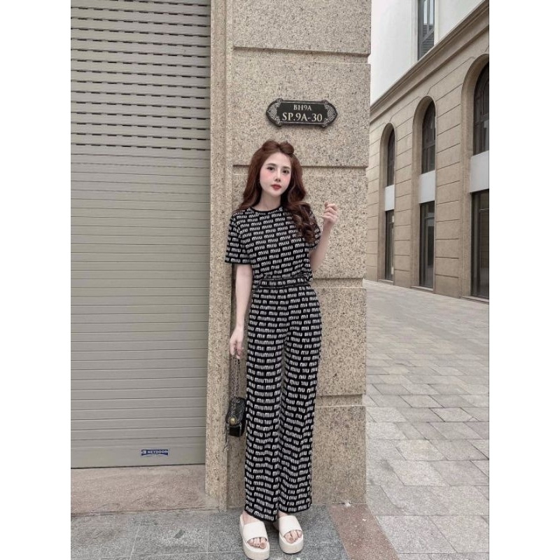Set Bộ Thun Lạnh Áo Croptop Quần Suông Ống Rộng Kí Tự