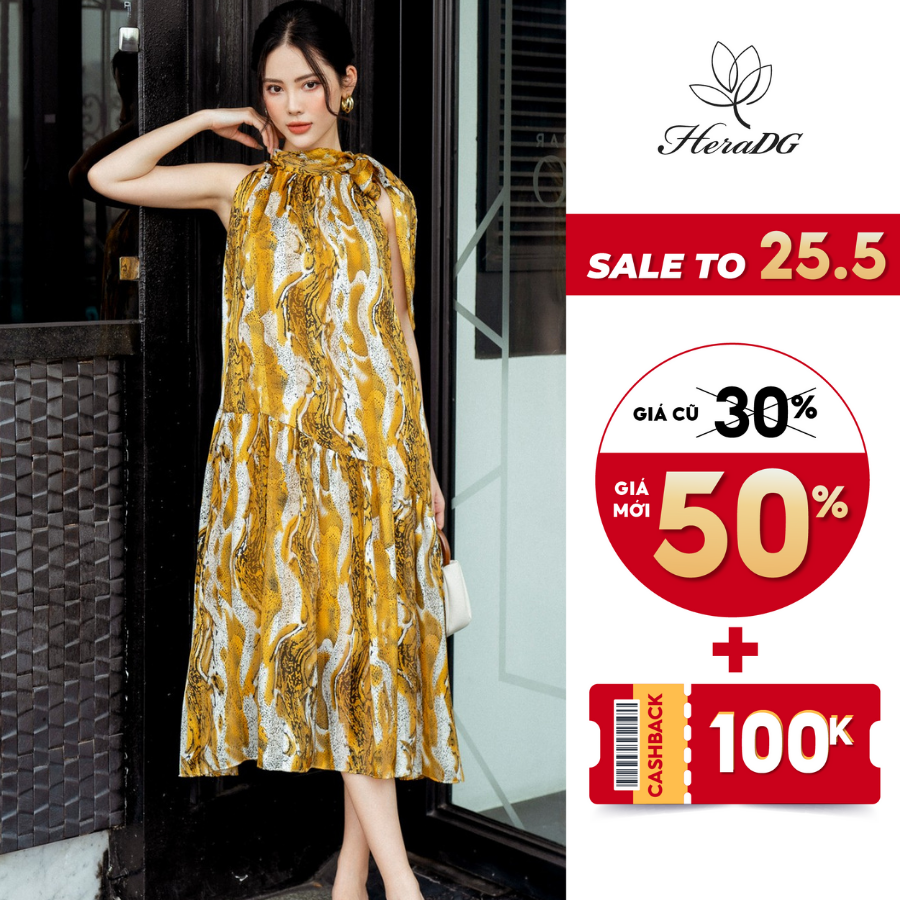 Đầm Nữ Sát Nách HeraDG Thiết Kế Dáng Xòe Kết Hợp Nơ Cổ Nữ Tính Trẻ Trung, Chất Liệu Tơ Cao Cấp, Mềm Mại SDPBB2002