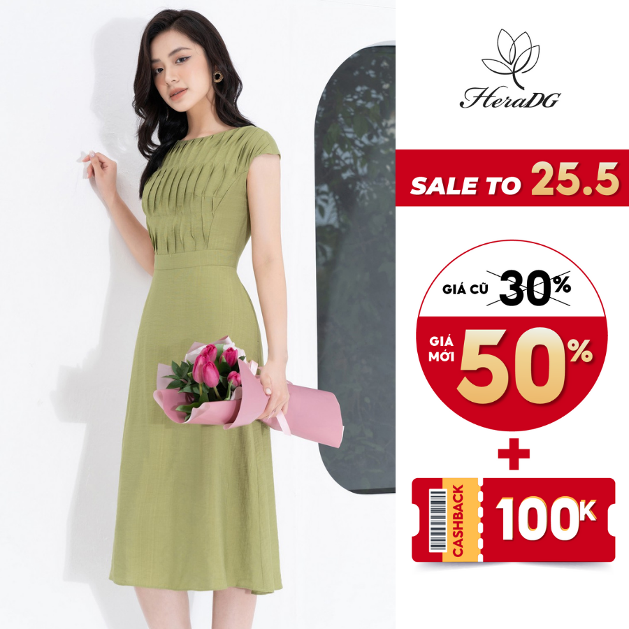 Đầm váy công sở HeraDG dáng A vai chờm thân trước thiết kế diễu ly tạo điểm nhấn chất liệu đũi chống nhăn SDPBB2119