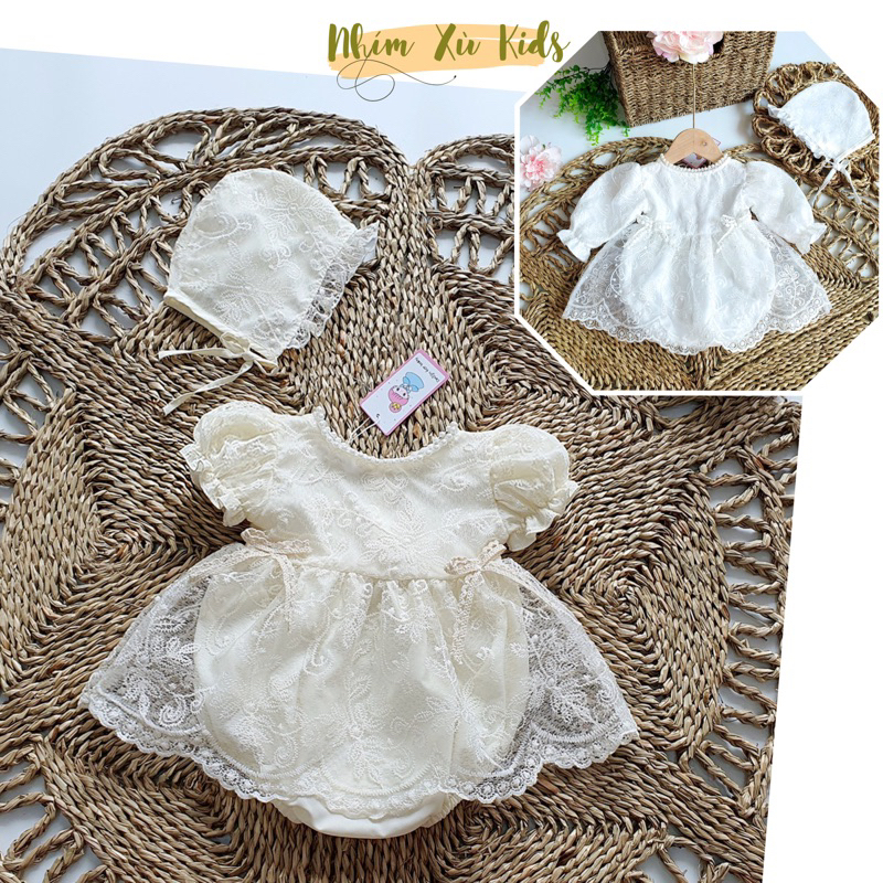 Body Váy Ren Kem Đính Ngọc Bé Gái 3 Đến 12kg Kèm Nón [B038]