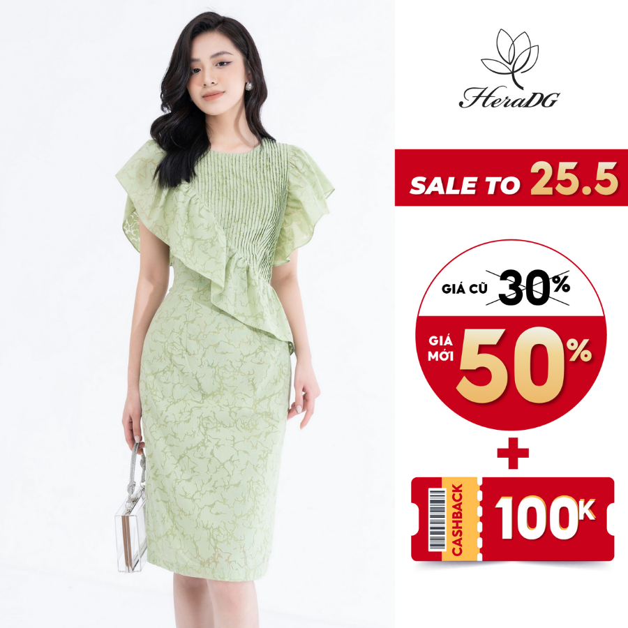 Đầm họa tiết mùa hè HeraDG thiết kế dáng A bèo lệch vai diễu ly thân trước tạo điểm nhấn chất liệu thô cao cấp SDPBB5083