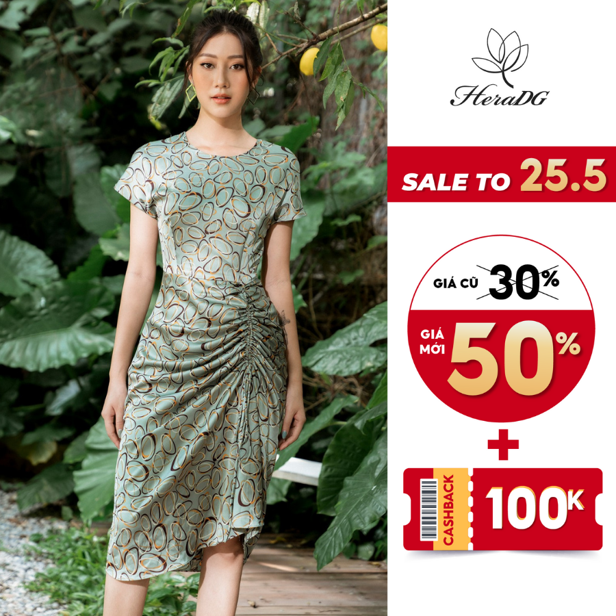 Đầm nữ dáng chữ A HeraDG thiết kế vai chờm, rút nhún chân, họa tiết sang trọng, lịch sự SDPBB5090