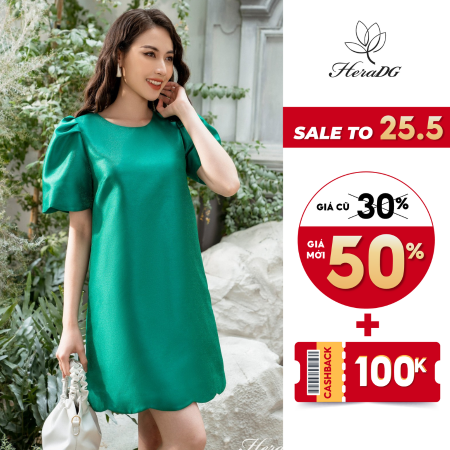 Đầm suông gấu múi cong HeraDG chất liệu vải tafta cao cấp, thiết kế tay bồng tạo vẻ đẹp sang trọng SDPBB6024
