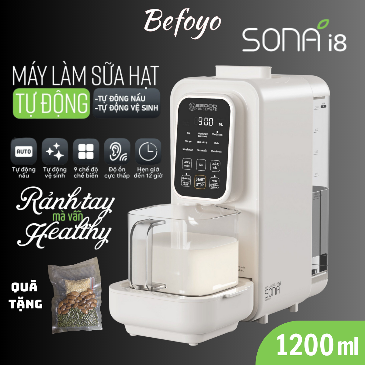 Máy làm sữa hạt 2Good Sona i8 9 chế độ nấu và vệ sinh tự động hoàn toàn dung tích 1200ml - Befoyo