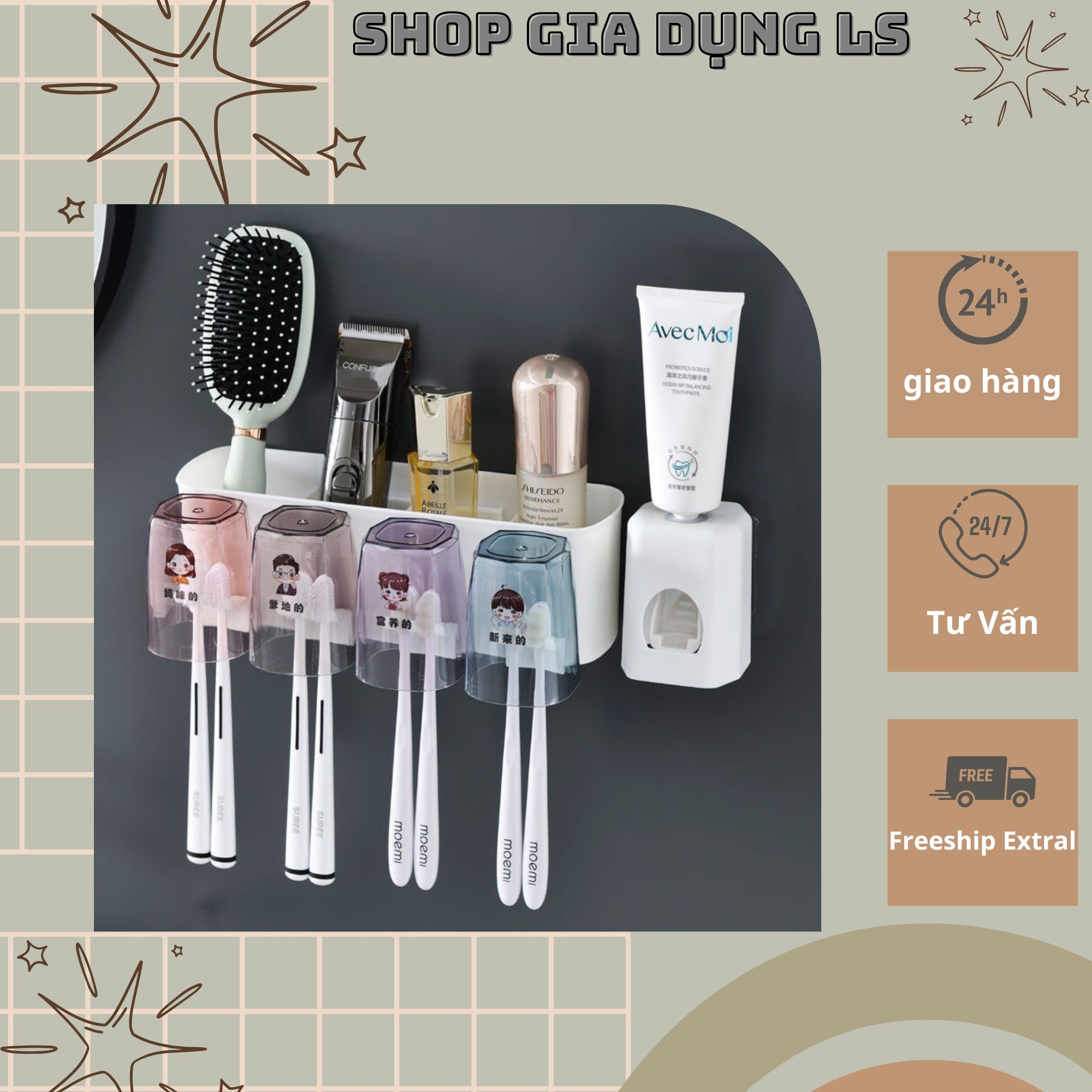 Kệ để bàn chải nhả kem đánh răng tự động thông minh giá treo 3 cốc 4 cốc để đồ dán tường dùng cho nhà tắm