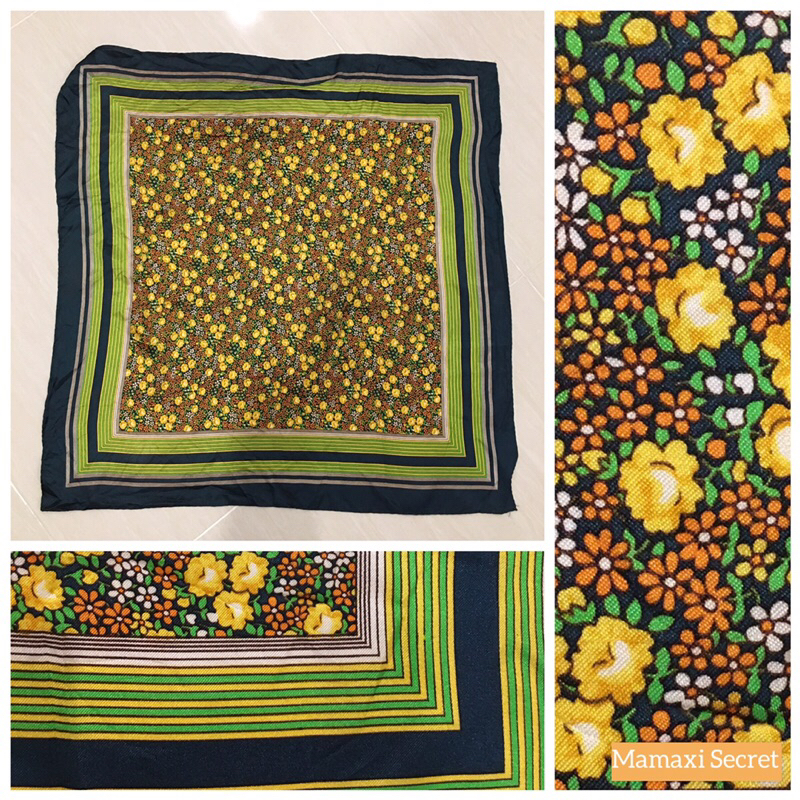 Khăn vuông vải silk 2nd hand kẻ sọc và hoa nhí