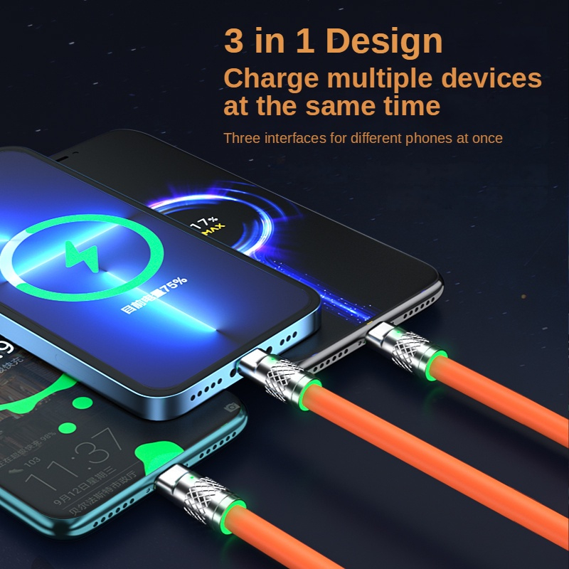 Cáp Sạc Nhanh 3 đầu Hợp Kim Kẽm 120W 6A Dây Silicone