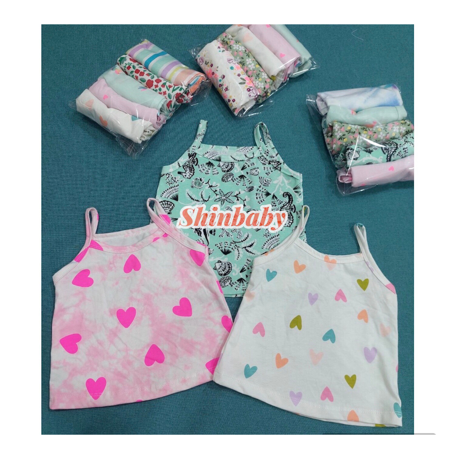 Set 5 áo hai dây cotton xuất dư mềm mát nhiều họa tiết dễ thương cho bé gái